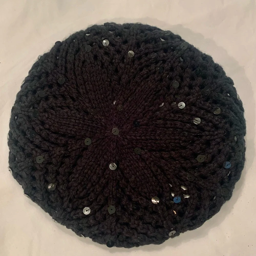Twiggy LONDON Knit Beret Hat Black Sparkly Embellishments Sequins Vintage